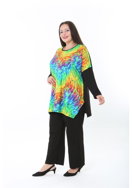 Kadın Likralı Yünlü Viskon Ön Desenli Büyük Beden Tunik