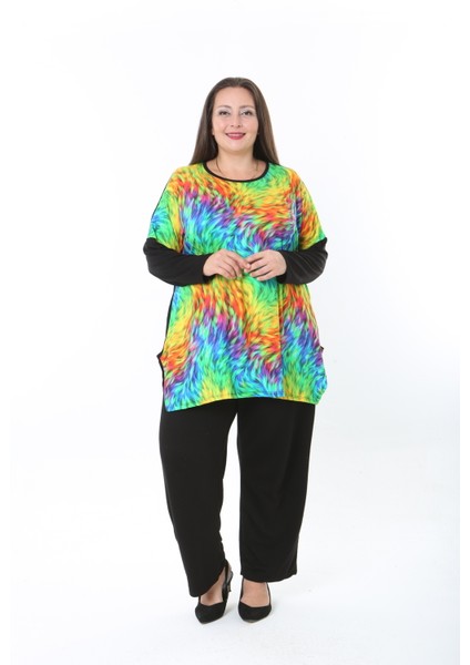 Kadın Likralı Yünlü Viskon Ön Desenli Büyük Beden Tunik