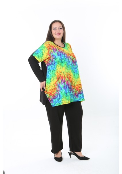 Kadın Likralı Yünlü Viskon Ön Desenli Büyük Beden Tunik