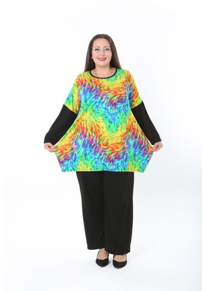 Kadın Likralı Yünlü Viskon Ön Desenli Büyük Beden Tunik