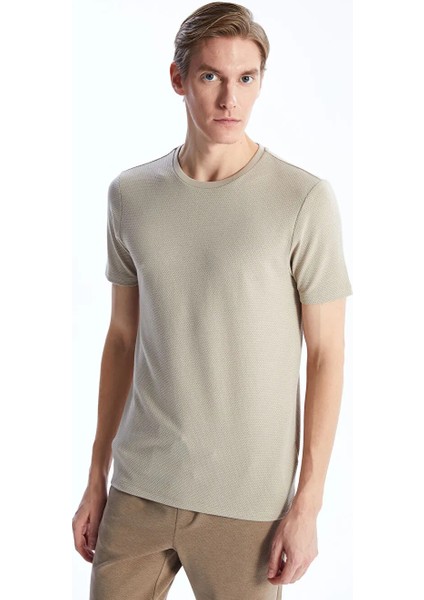 Lcw Vision Bej Bisiklet Yaka Kısa Kollu Erkek Dokulu Tişört modelleri