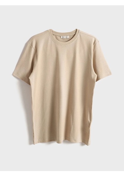 Lcw Vision Bej Bisiklet Yaka Kısa Kollu Erkek Dokulu Tişört