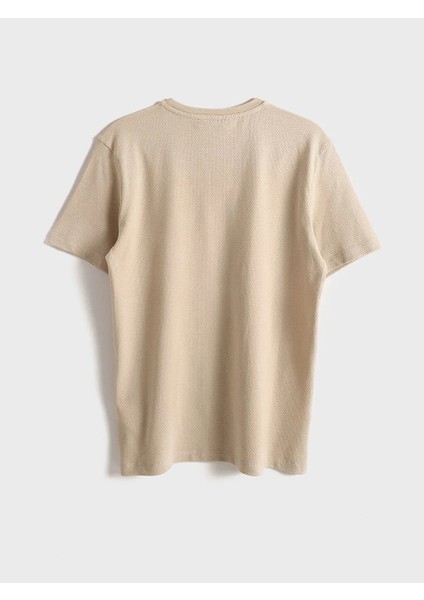 Lcw Vision Bej Bisiklet Yaka Kısa Kollu Erkek Dokulu Tişört