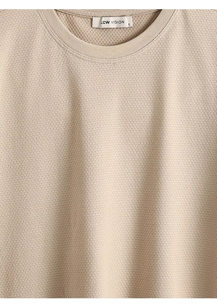 Lcw Vision Bej Bisiklet Yaka Kısa Kollu Erkek Dokulu Tişört