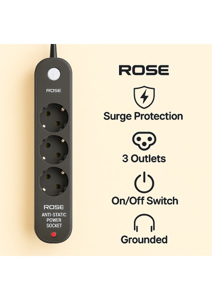 3'lü / 5metre Akım Korumalı Priz Topraklamalı ve Çocuk Korumalı Anahtarlı Anti-Statik