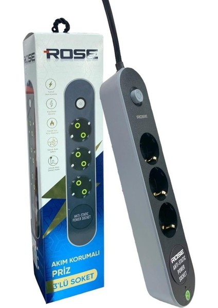 3'lü / 5metre Akım Korumalı Priz Topraklamalı ve Çocuk Korumalı Anahtarlı Anti-Statik modelleri
