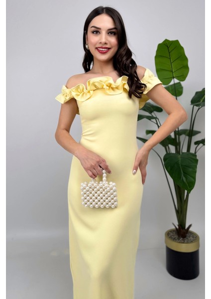 Arlina Madonna Yaka Göğüs Büzgülü Uzun Sarı Abiye Elbise fiyatları