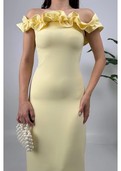 Arlina Madonna Yaka Göğüs Büzgülü Uzun Sarı Abiye Elbise fırsatları