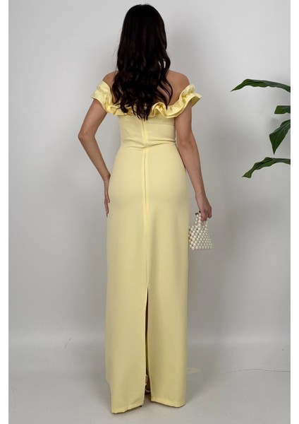 Arlina Madonna Yaka Göğüs Büzgülü Uzun Sarı Abiye Elbise indirimleri
