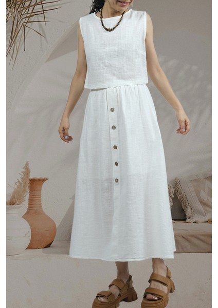 Whısper- Dokulu Düğme Detaylı Yazlık Kadın Midi Etek Beyaz fiyatları