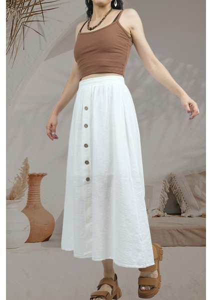 Whısper- Dokulu Düğme Detaylı Yazlık Kadın Midi Etek Beyaz modelleri