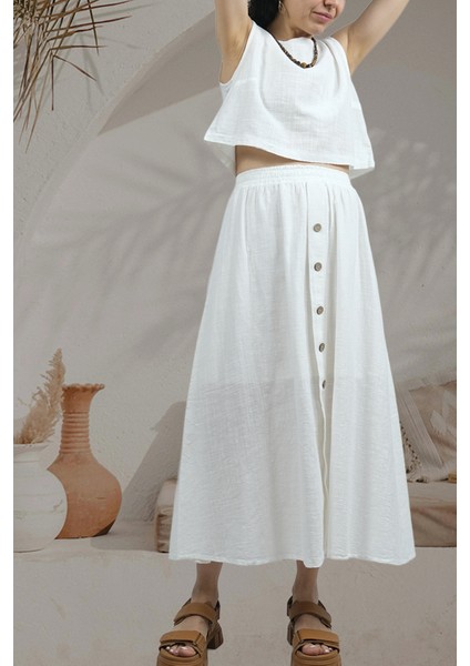 Whısper- Dokulu Düğme Detaylı Yazlık Kadın Midi Etek Beyaz fırsatları