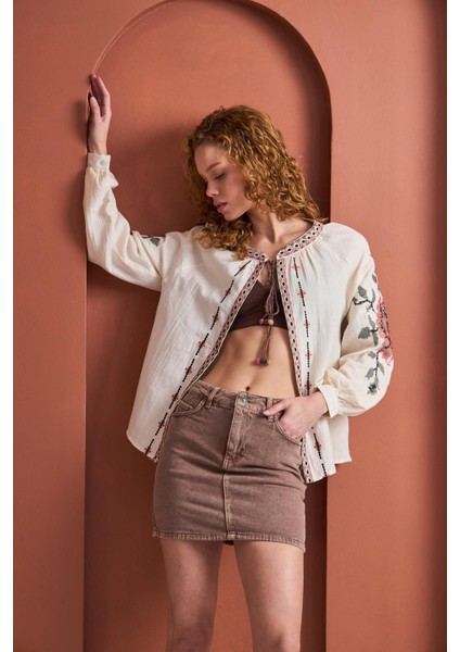 Sage Street Yüksek Bel Cepli Denim Mini Etek - Kahverengi