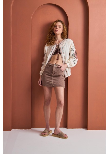 Sage Street Yüksek Bel Cepli Denim Mini Etek - Kahverengi fiyatları