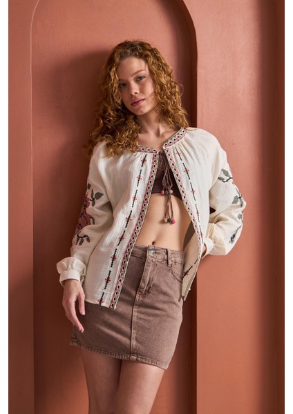 Sage Street Yüksek Bel Cepli Denim Mini Etek - Kahverengi fırsatları