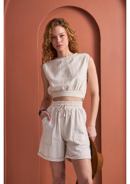 Savana Gabardin Cepli Yüksek Bel Pamuklu Şort - Ekru