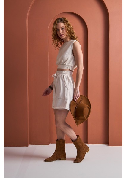 Savana Gabardin Cepli Yüksek Bel Pamuklu Şort - Ekru modelleri