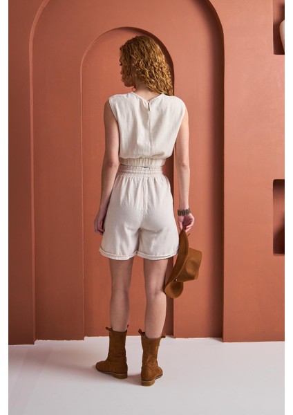 Savana Gabardin Cepli Yüksek Bel Pamuklu Şort - Ekru fırsatları