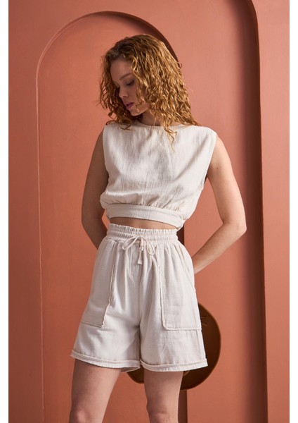 Savana Gabardin Cepli Yüksek Bel Pamuklu Şort - Ekru indirimleri