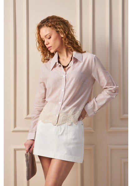 %100 Pamuk Dantel Detaylı Uzun Kollu Gömlek