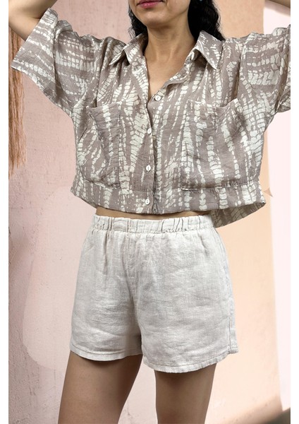 Baskılı Cepli Crop Gömlek Kahve modelleri