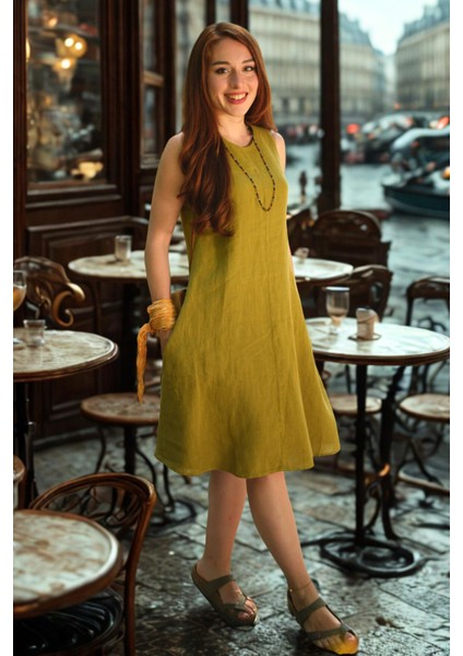 Olivia Sıfır Kol %100 Keten Elbise Yağ Yeşili