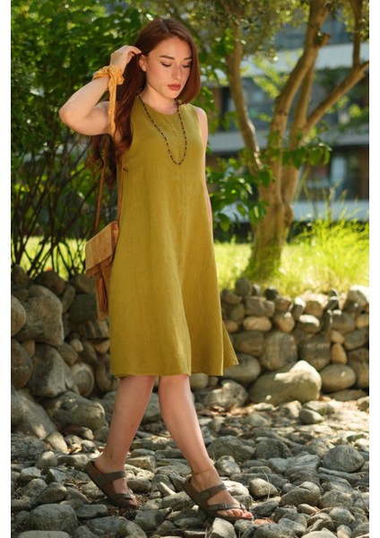 Olivia Sıfır Kol %100 Keten Elbise Yağ Yeşili fiyatları