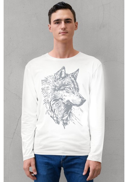 Kurt Başı Beyaz Uzun Kollu Erkek Penye T-Shirt