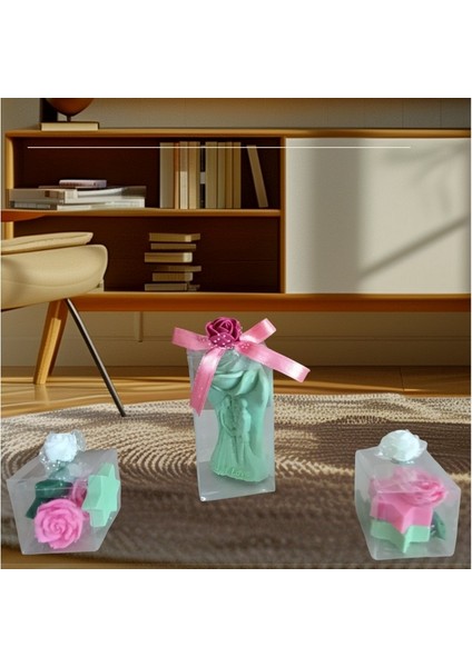 Romanyik Aşıklar ve Yıldız Gül Görünümlü Kokulu Doğal Pembe Yeşil Renk 3 Lü Dekoratif Mum