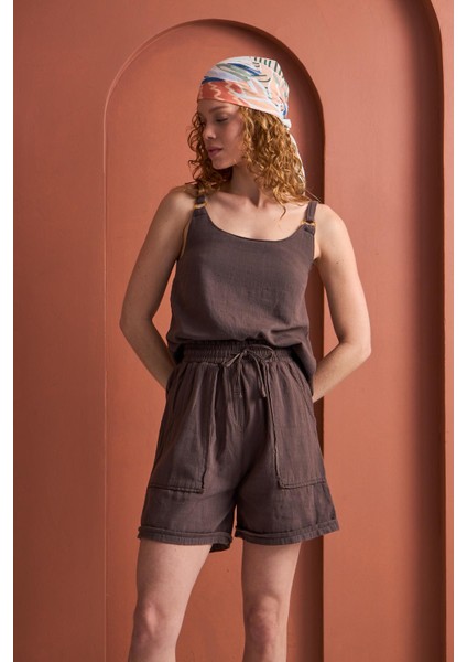 Savana Gabardin Cepli Yüksek Bel Pamuklu Şort - Kahve