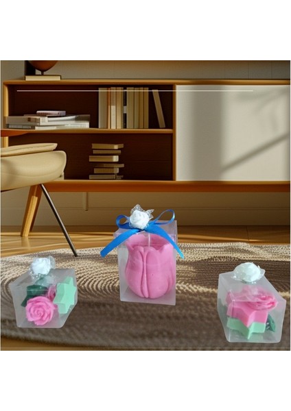 Lale Yıldız Gül Görünümlü Kokulu Doğal Pembe Yeşil Renk 3lü Dekoratif Mum