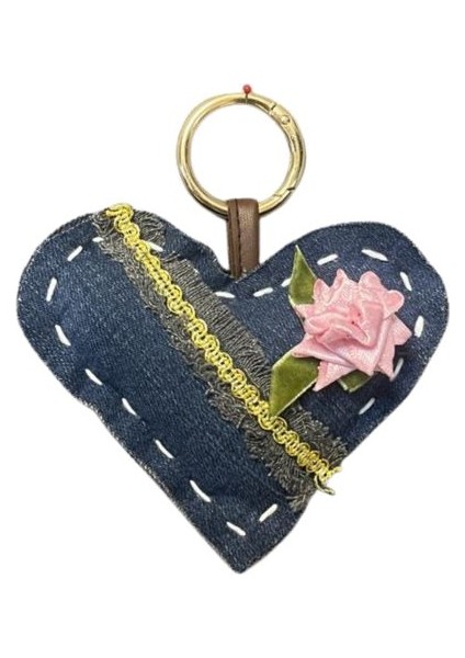 6193 EL Yapımı Kalp Model Püskül Şerit ve Gül Motif Anahtarlık