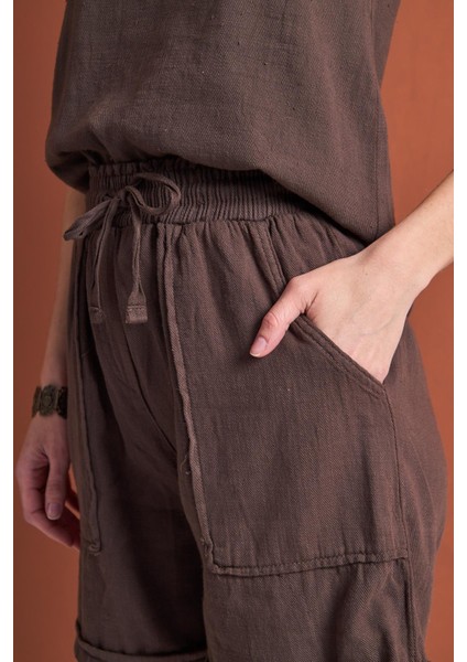 Savana Gabardin Cepli Yüksek Bel Pamuklu Şort - Kahve fırsatları