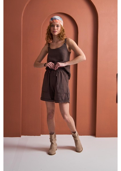 Savana Gabardin Cepli Yüksek Bel Pamuklu Şort - Kahve indirimleri