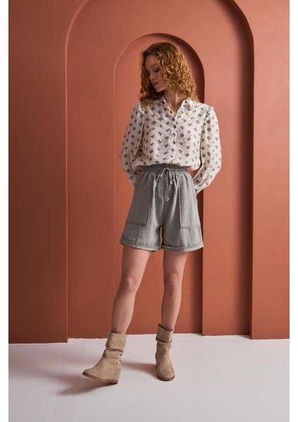 Savana Gabardin Cepli Yüksek Bel Pamuklu Şort - Haki