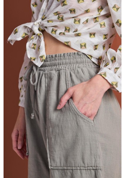 Savana Gabardin Cepli Yüksek Bel Pamuklu Şort - Haki fırsatları