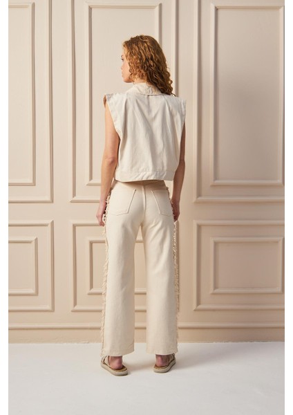 Nakış Işlemeli Ekru Bohem Gabardin Pantolon fırsatları