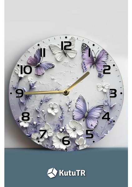 Mdf Duvar Saati Mor Kelebek ve Çiçek Desenli – 33X33 cm SDW391
