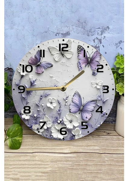 Mdf Duvar Saati Mor Kelebek ve Çiçek Desenli – 33X33 cm SDW391 modelleri