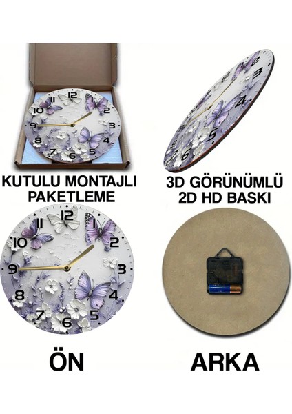 Mdf Duvar Saati Mor Kelebek ve Çiçek Desenli – 33X33 cm SDW391 indirimleri