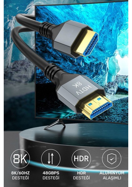 HDMI 2.1 Örgü Kablo 1.5 m – Ultra Hızlı 8K/4K 144Hz, HDTV ve Monitör Uyumlu, Kalın Bakır Tel ile Dayanıklı Tasarım