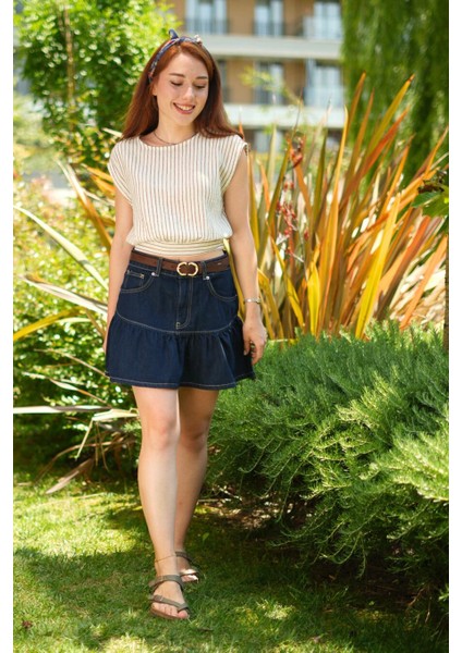 Vela Fırfır Detaylı Denim Etek Koyu Mavi