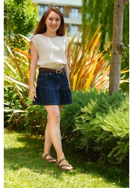 Vela Fırfır Detaylı Denim Etek Koyu Mavi fiyatları