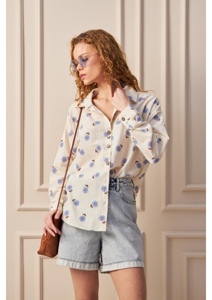 Vintage Çiçek Nakışlı Ekru Gömlek Mavi Çiçekli