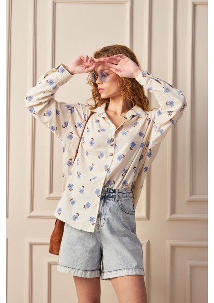 Vintage Çiçek Nakışlı Ekru Gömlek Mavi Çiçekli fiyatları