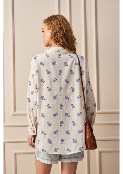 Vintage Çiçek Nakışlı Ekru Gömlek Mavi Çiçekli modelleri