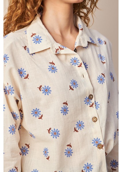Vintage Çiçek Nakışlı Ekru Gömlek Mavi Çiçekli indirimleri