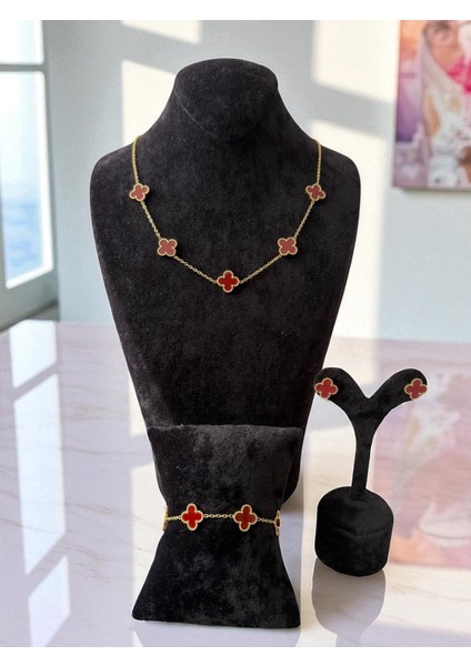 Bordo Beş Yapraklı Yonca Paslanmaz Çelik Takı Seti CNS105