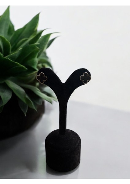 Siyah Yapraklı Yonca Çelik Küpe CNS093-4