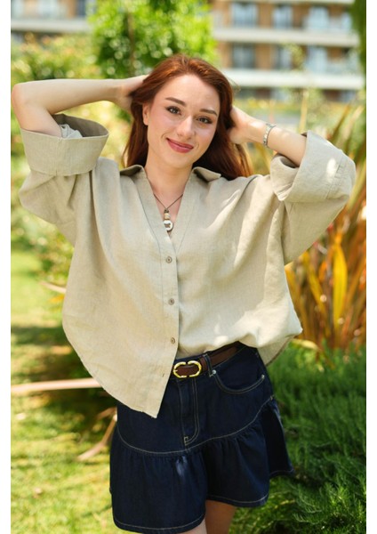 Purette %100 Keten Oversize Kadın Gömlek Naturel